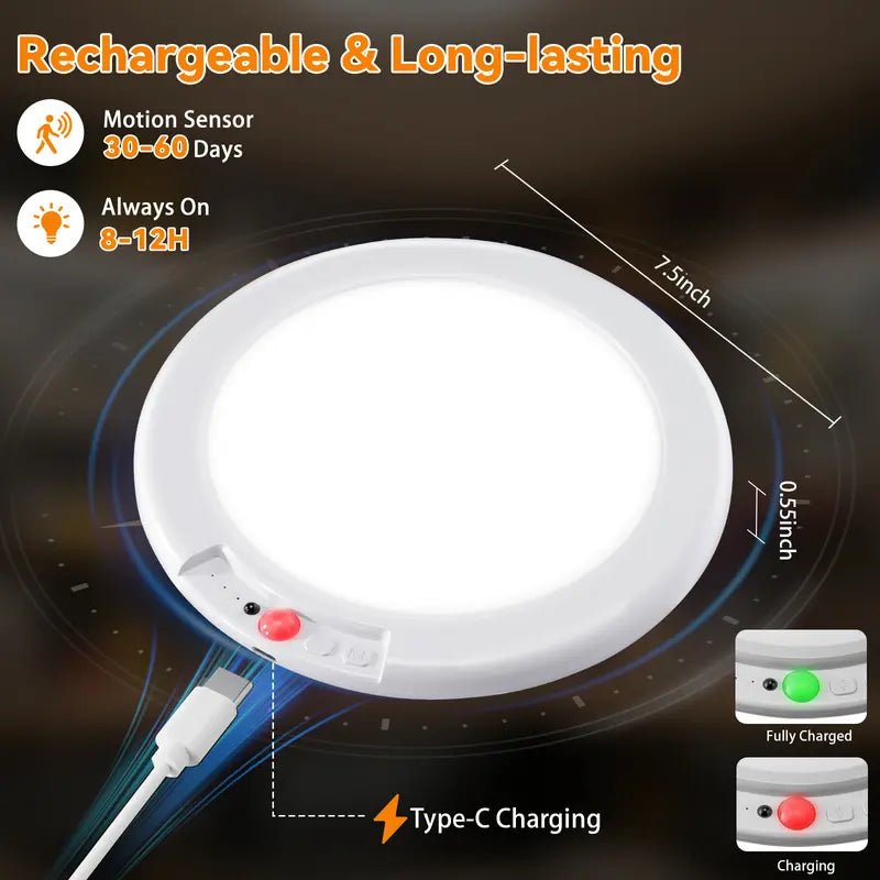 Rechargeable Ceiling Light 2-Pack | 3 Color Modes Motion Sensor | Remote Magnetic