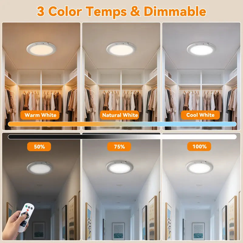 Rechargeable Ceiling Light 2-Pack | 3 Color Modes Motion Sensor | Remote Magnetic