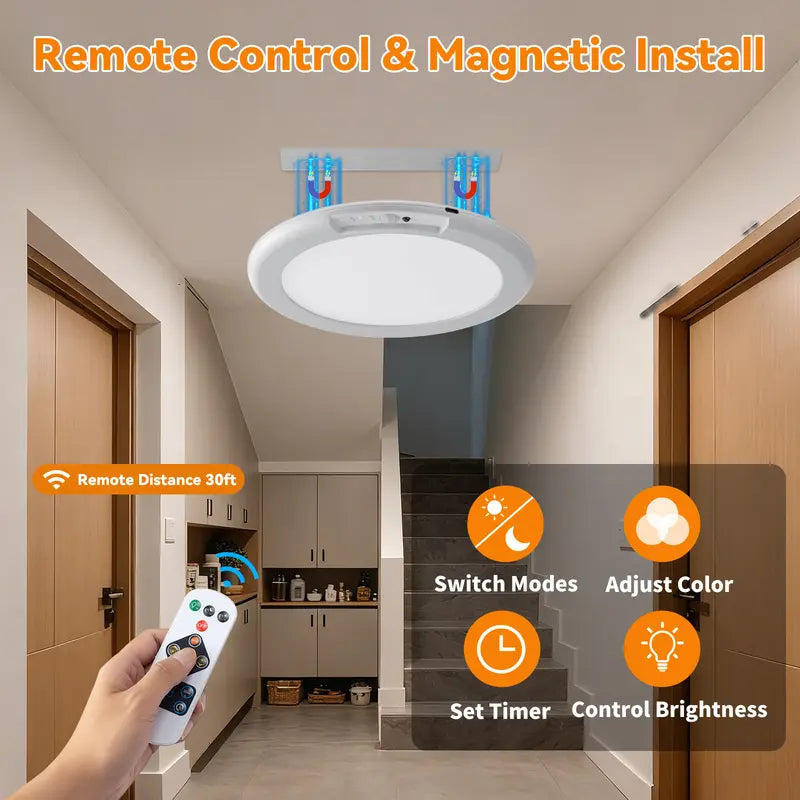 Rechargeable Ceiling Light 2-Pack | 3 Color Modes Motion Sensor | Remote Magnetic