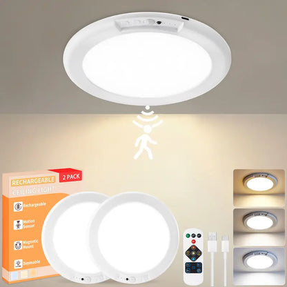 Rechargeable Ceiling Light 2-Pack | 3 Color Modes Motion Sensor | Remote Magnetic